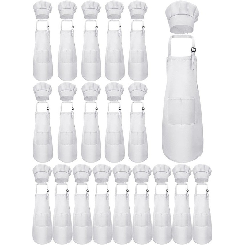 Handepo 40 Pcs Kids Apron Chef Hat Set Boys Girls Aprons Chef Children's Bib Apron Hats Bulk for Cooking Painting 7-13 Years(White)