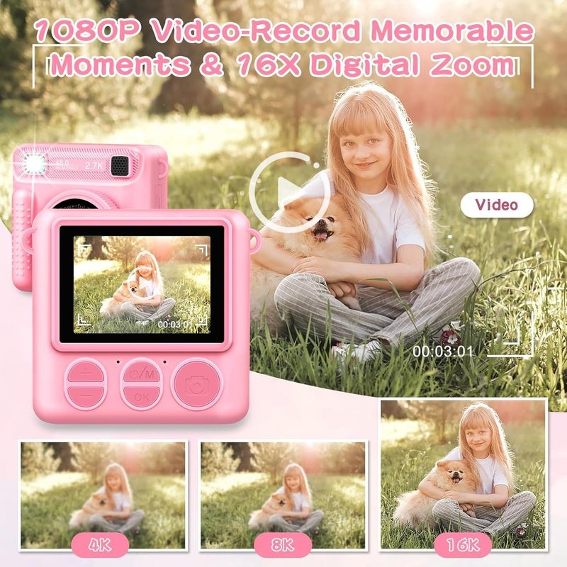 Instant Photo Camera for Kids with Printer  1080P Dual Camera, Fun Frames u0026 Selfie Mode, Includes 32GB Card u0026 Paper, Creative Gift for Toddlers Ages 312, Easy to Use Toy