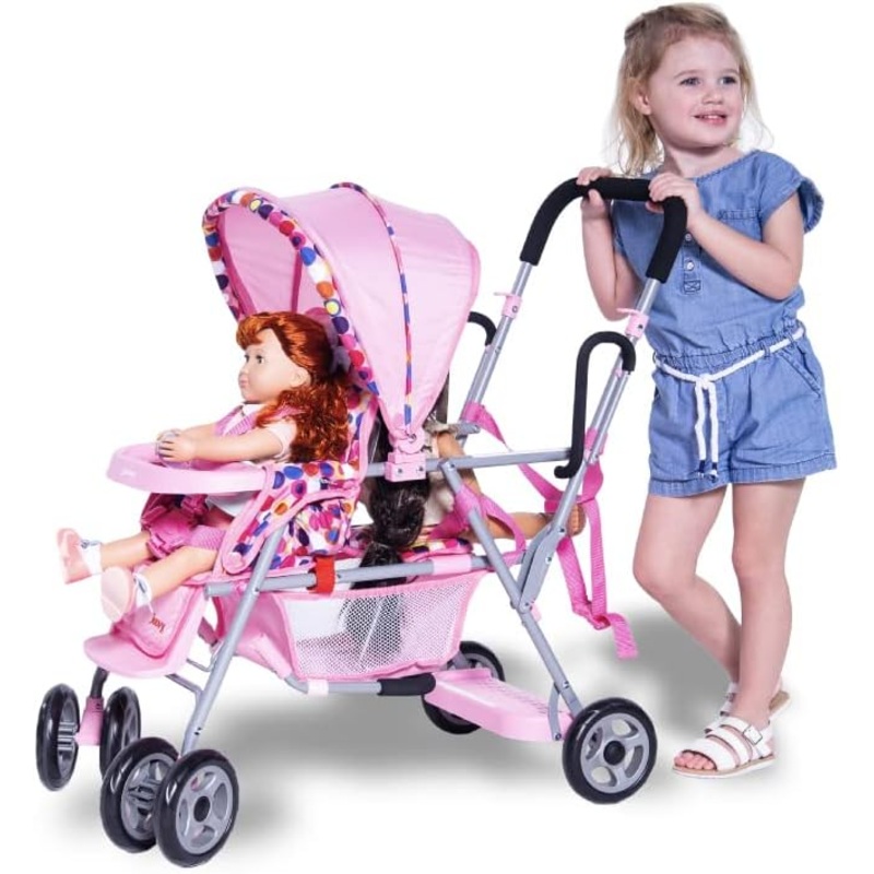 Joovy Toy Caboose Baby Doll Stroller Featuring Reclining Front Seat Adjustable Footrest Storage Basket Extendable Canopy and Snack Tray  Holds 3 Dolls Pink Dot