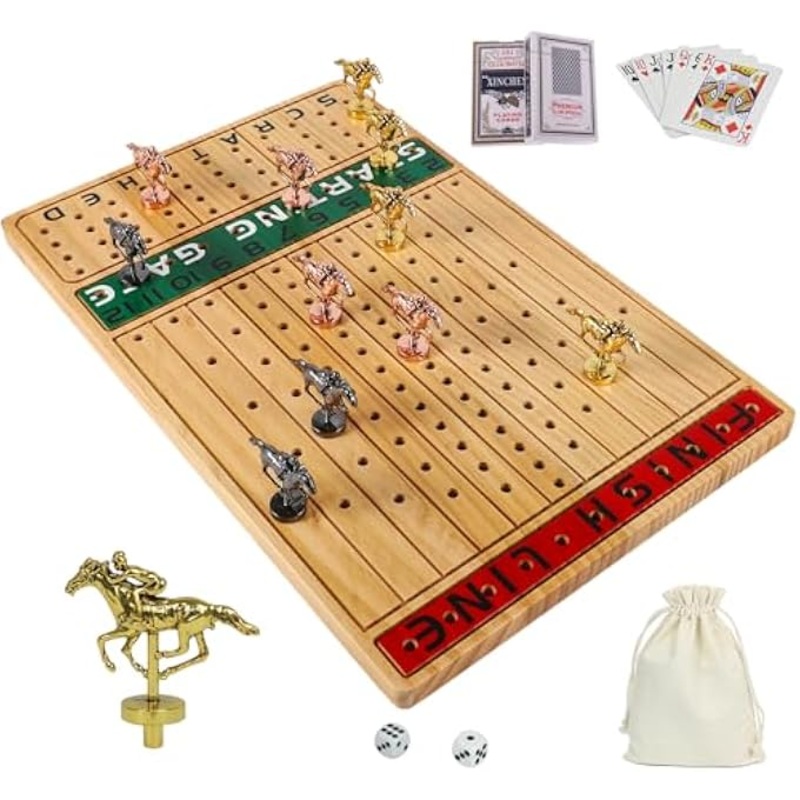 NRZSSN Horse Race Board Game with 11 Luxurious Durable Classic Metal Horses with 4 Dice and 2 Boxes of Cards Thickened Solid Wood Horse Racing Dice Game (Log ColorRectangle)/17338