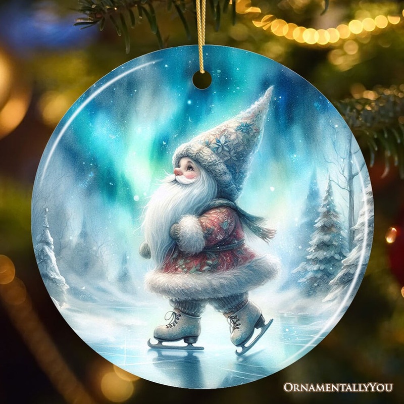 Whimsical Skater Gnome on Ice Ceramic Ornament, Magical Night Christmas Gift and Tree Decor Circle