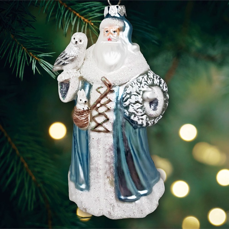 Arctic Whispers Santa Glass Christmas Ornament, Snowy Winter Theme with Light Blue Robe/18694