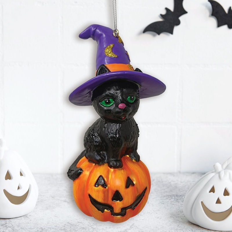 Black Cat on Pumpkin Spooky Glass Christmas Ornament, Witch Hat Halloween Theme/42677