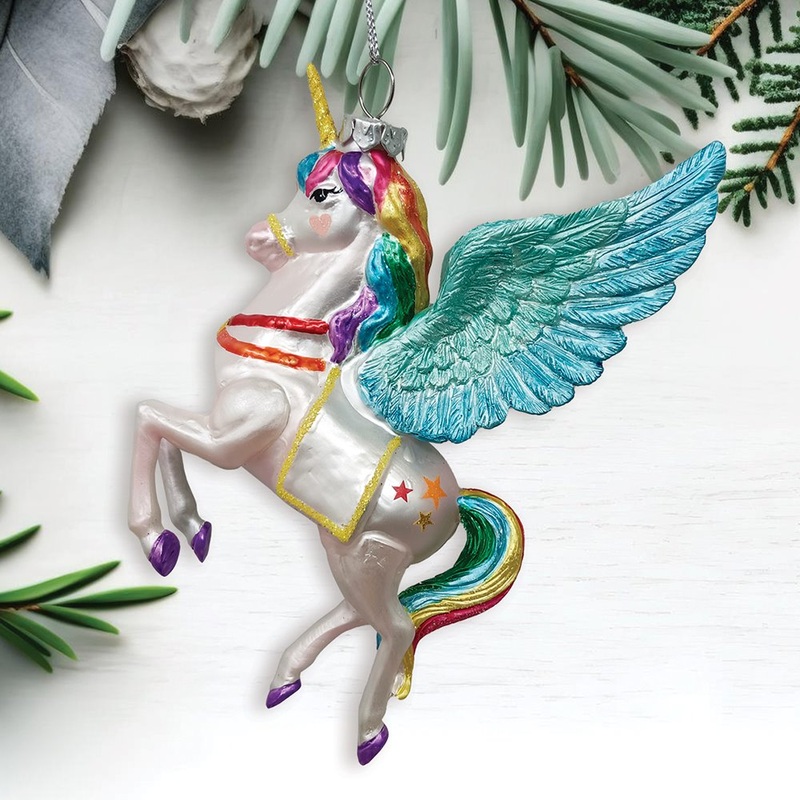 Cute Colorful Unicorn Glass Christmas Ornament with Rainbow Hair
