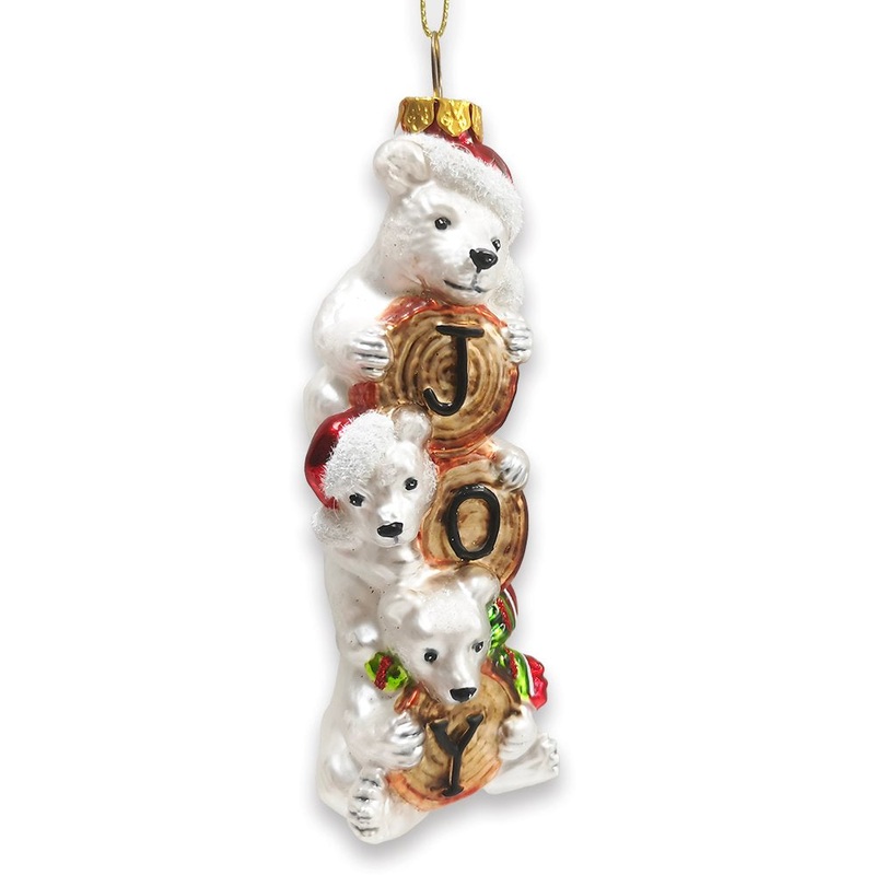 Joyful Polar Bear Trio Stacked Glass Christmas Ornament