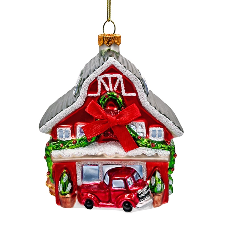Charming Farmhouse Cabin Glass Christmas Ornament, Winter Rural Home Holiday Tree Decor
