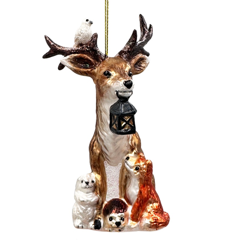 Deer with Lantern Glass Christmas Ornament, Woodland Animal Tree Decor