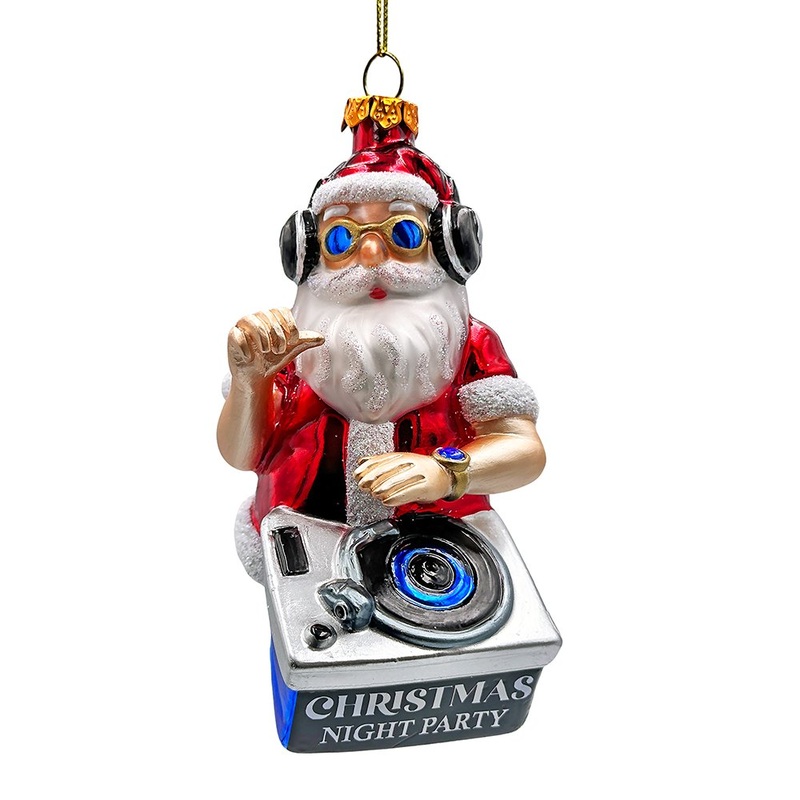 DJ Santa Spinning Christmas Party Glass Ornament, Headphones and Music Star Hipster Tree Decor