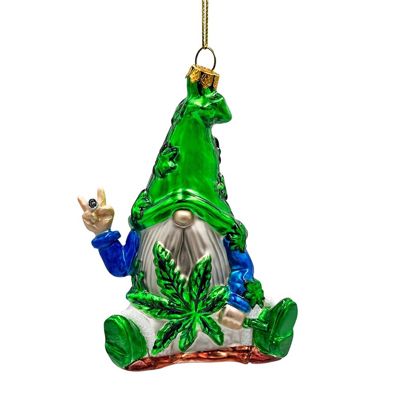 Fun Weed Themed Gnome Glass Ornament, Pothead Smoker Unique Holiday Gift