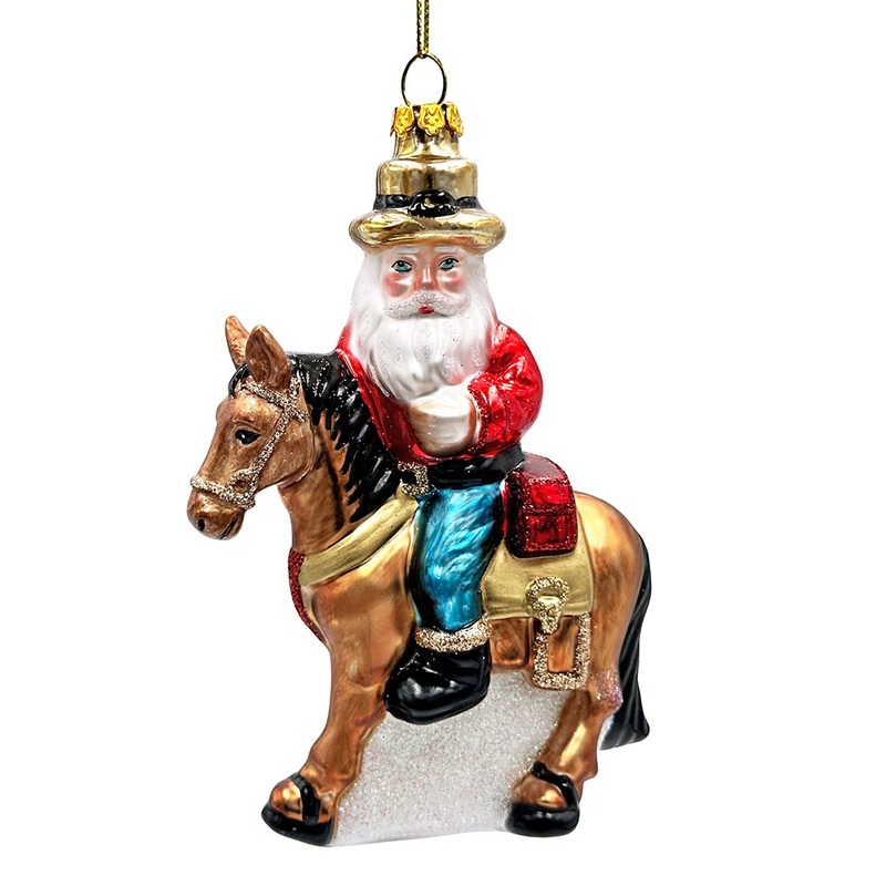 Hardy Wild Western Cowboy Santa Glass Christmas Ornament, Vintage Horse Ridin Farm Style Decor