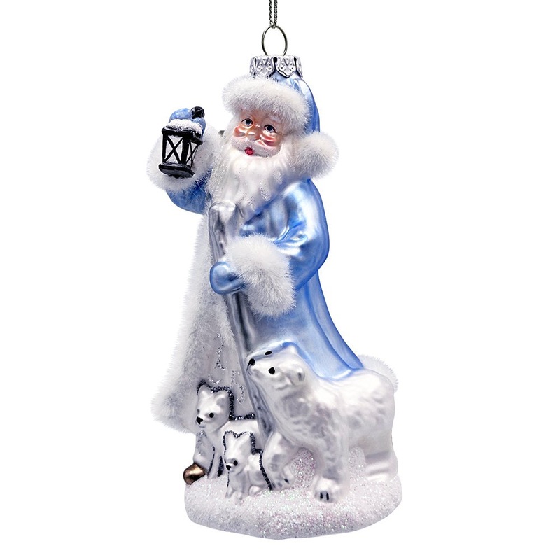 Polar Whisperer Santa Glass Christmas Ornament, Arctic Polar Bear, Wolf, and Bunny Rabbit