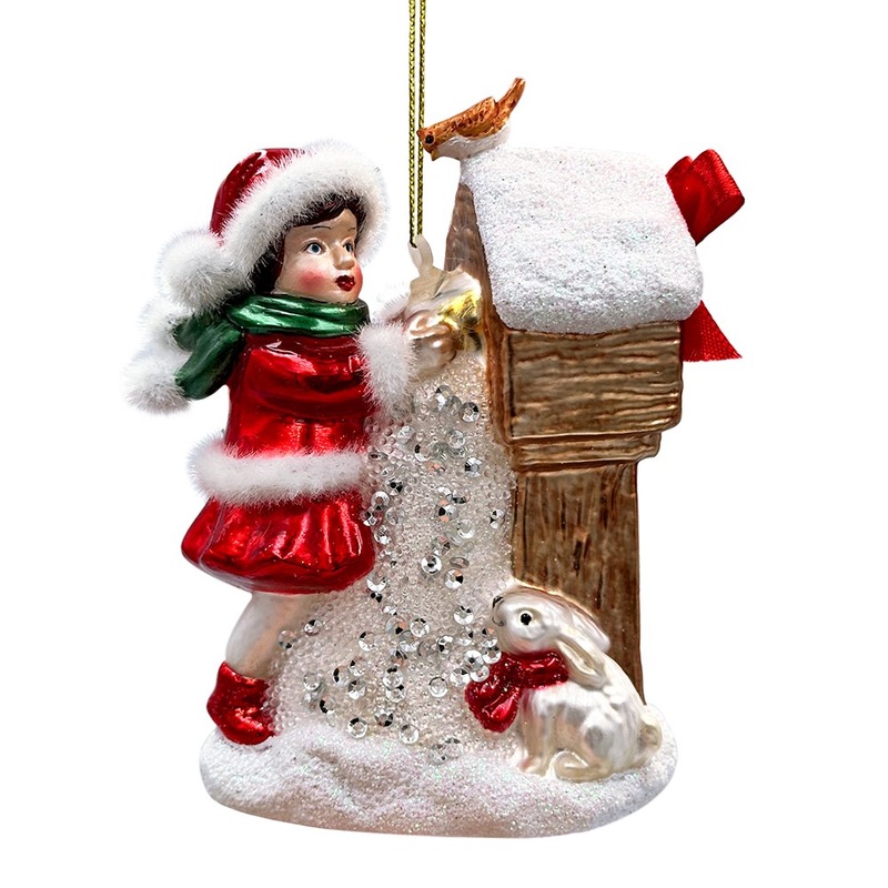Quaint Little Winter Girl Feeding the Birds Glass Christmas Ornament, Cardinal Birdhouse Tree Decor