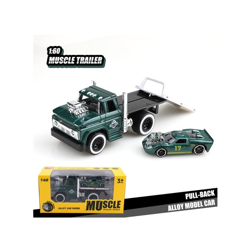 (Silent Light) Retro American Muscle Transport Trailer Children Toy Boy Alloy Car Model Wholesale-Color:(silent Light Version) Green Trailer + Ford Gt40