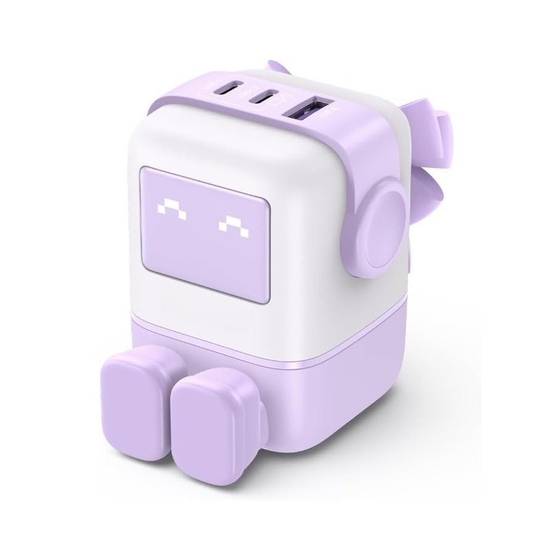 65w charger type c 3-Port Nexode Robot GaN  LED Display Compact Funny Fast Charger Type C Power Adapter 3PIN – Purple RG 65W
